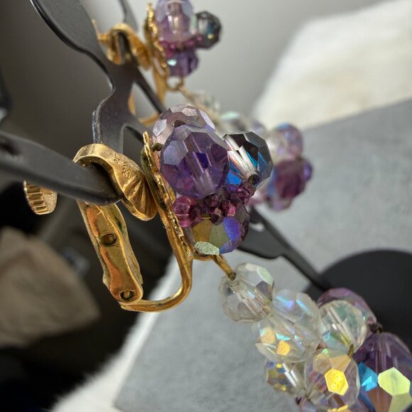 Vintage Vendome Purple & Clear Glass Bead Dangle & Drop Screw/Clip Earrings Gold - Picture 9 of 16